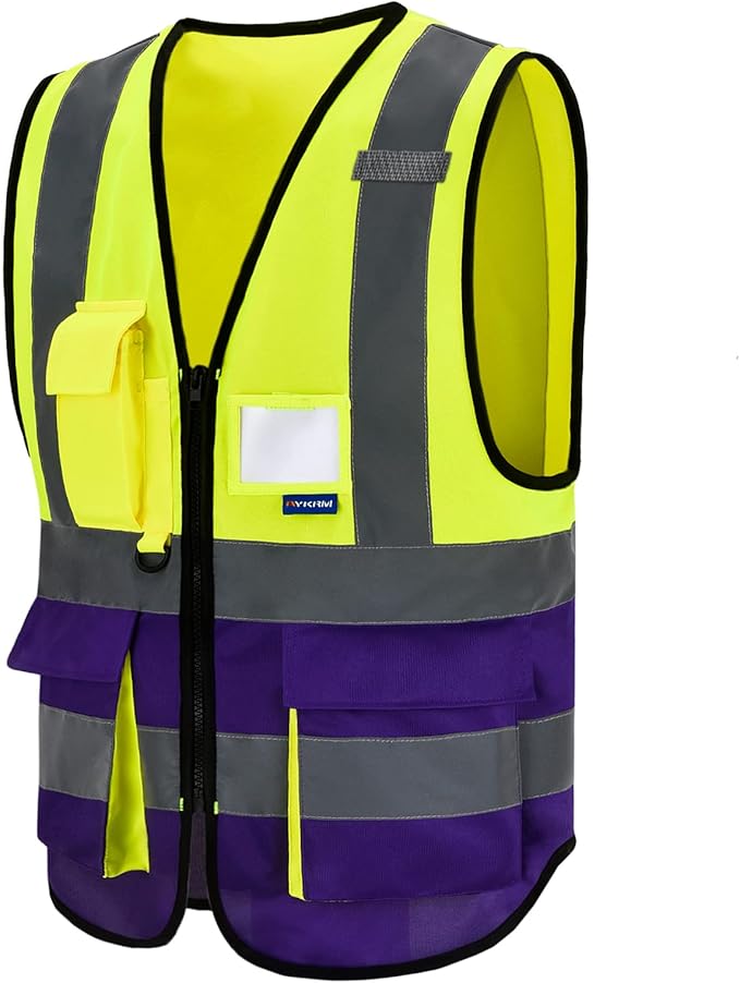 A-SAFETY Reflective Safety Vest, Hi Vis 9 Pockets High Visibility Zipper Front Safety Vest, Yellow&Purple Color Mixed, L