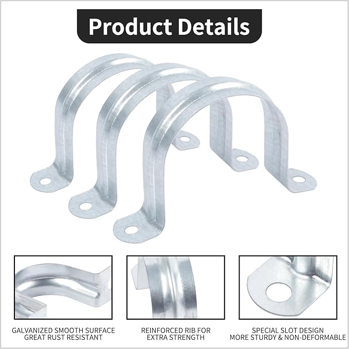 20 PCS 2 Inch Reinforced Rigid Pipe Strap, 2 Holes U Bracket Cable Clamp Hanger, Zinc Coated Tension Tube Clip, Conduits Strap Clamps for Pipe Fixing on Various Surfaces, 20 PCS(50 mm)