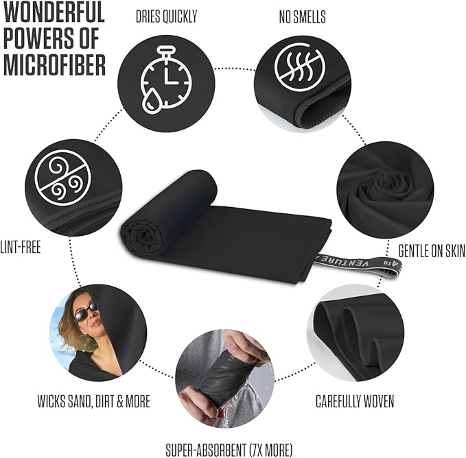 VENTURE 4TH Quick Dry Towel. Microfiber Travel Towel Ideal for Camping, Hiking, Backpacking, Gym. Lightweight & Fast Drying Travel Towels for Body. Compact & Easy to Pack - Black Medium