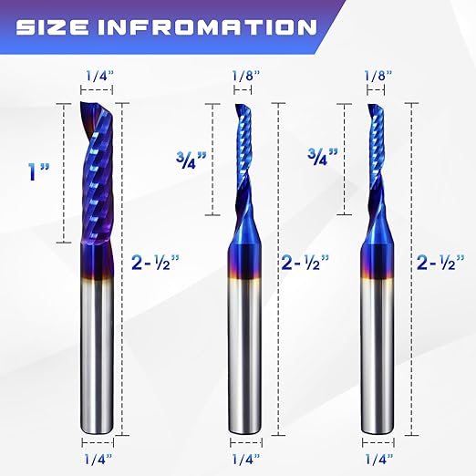 O-Flute Spiral Router Bit Set, 1/4 Inch Shank, Nano-Coated Solid Carbide CNC Router Bits for Aluminum, Plastic, Acrylic, Metal, Wood, MDF (3pcs 1/8"+3pcs 1/4")