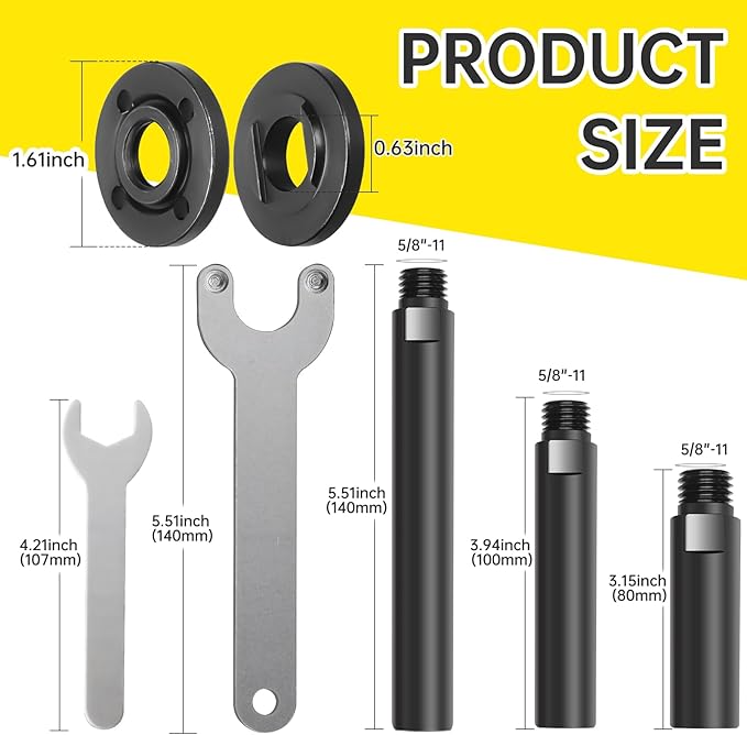 Angle Grinder Attachments Kit with 3 Extension Rods (5.5"/4"/3"), 4 Sets Flange Nut Assemblies & 2 Spanner Wrench - 5/8"-11 Thread Compatible with DeWalt Milwaukee Makita Bosch Grinder Accessories