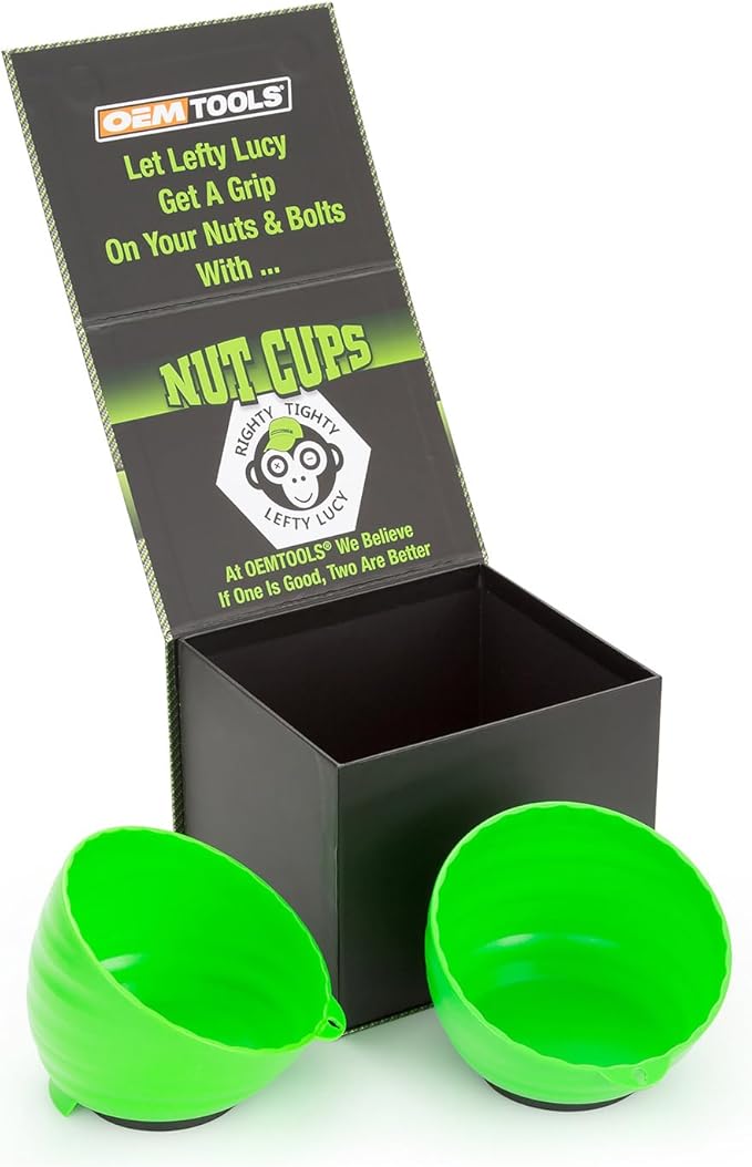 OEMTOOLS 25115 Green Magnetic Nut Cups, 2 Pack, Each Curved Magnetic Parts Tray Holds Up to 5 Pounds, Attaches To Metal Surfaces, Multi-Use Nuts And Bolts Organizer Set Made From Durable ABS Plastic