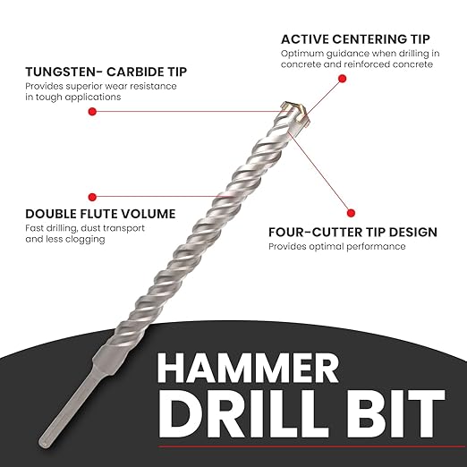 1-1/2 X 24 in SDS MAX Bits, Rotary Hammer Drill Bits, Carbide Drill Bits, Masonry Drill Bits for Concrete, Stone and Brick, SDS MAX Hammer Double Flute, Masonry Drill Bit, Concrete Drill Bit