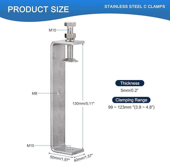 2 Pack 304 Stainless Steel C Clamps with 130mm/5.12" Stable Wide Jaw Opening Tiger Clamp for Woodworking Welding Construction Household Mount