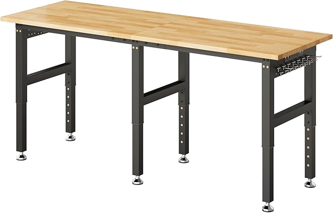 SPECRAFT 72“ Adjustable Heavy Duty Workbench with 4 AC Outlet and 2 USB Ports Power Outlets, 5000 Lbs Capacity, Rubber Wood Top for Garage, Workshop, Office