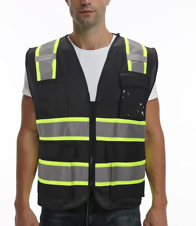 Hi Vis Vest with 2 inch Reflective Strips - Class 2 Safety Vest with Zipper Construction for Men & Women - Black, Large