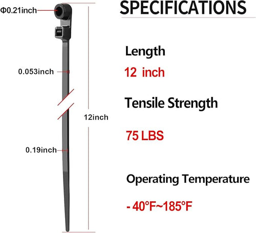 200 PCS 12 inch Black Zip Ties with Screw Hole 75lbs Mountable head Cable Ties Straps Multipurpose Heavy Duty Nylon Cable Zip Ties with Screw Mounting Hole
