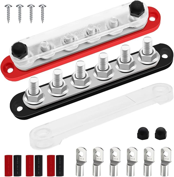 250A 12V-48V Bus Bar Marine Power Distribution Block with Cover with 6 x 5/16”Post,Battery Bus Bar (Pair,Red & Black),Automotive Busbars 12 Volt for Car Boat Solar Wiring