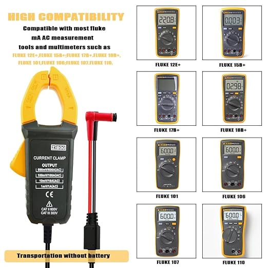 ZIBOO i600E 600Amp AC Current Clamp,4mm Banana Plug for Multimeters/mV AC Measurement Tools Perfect Replacement for Fluke i400 Compatible with FLUKE 106 107 15B PRO 18B+ 115C 116C 117C 175C 177C
