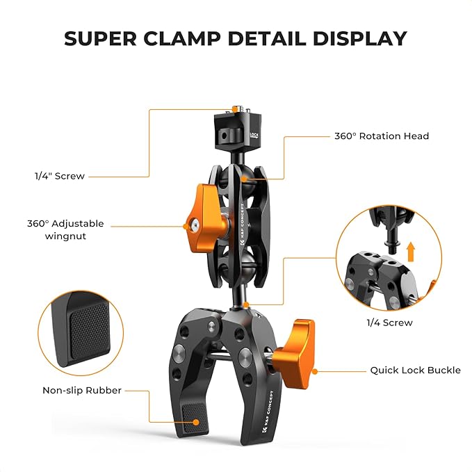 K&F Concept Camera Clamp Mount, Super Clamp Mount Magic Arm with Two 360° Ball Heads, 1/4" Screw Threads for ARRI Compatible with DSLR, Action Camera, Tripod, Phone for Gopro/Insta360