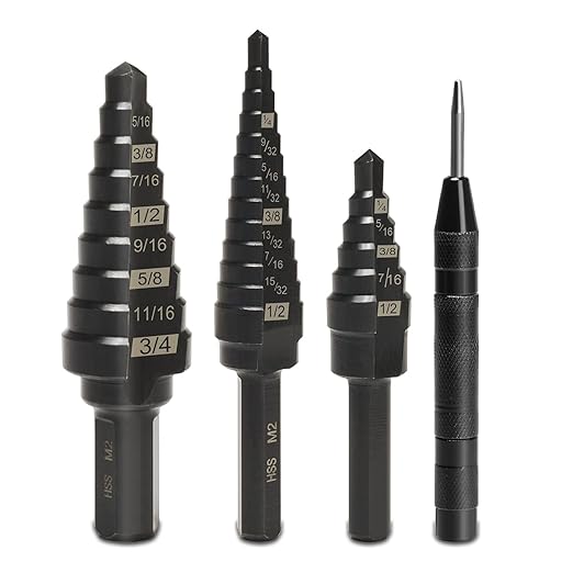 Lichamp Step Drill Bit Set for Metal Sheet Heavy Duty, 4-Piece Genuine M2 HSS Step Up Down Drill Bits Stepper Unibit for Steel Hole, 28 Sizes from 1/8 to 1/2 inches