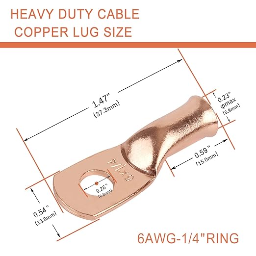 10pcs 6 AWG-1/4”(M6) Ring Terminals 6 Gauge Copper Wire Lugs Battery Cable Ends Heavy Duty Battery Cable Terminal Connectors