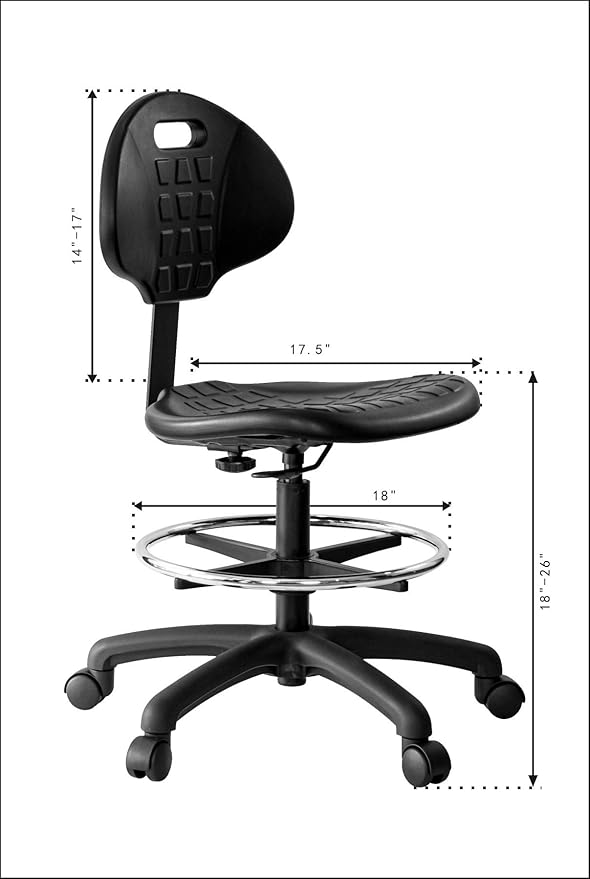Chair Master (Medium Bench Stool, Standard Casters Easy to Clean! Ergonomic Polyurethane Bench Stool. Seat Height Range 18"-26". Adjustable Footring. for Home Office Lab Workstation