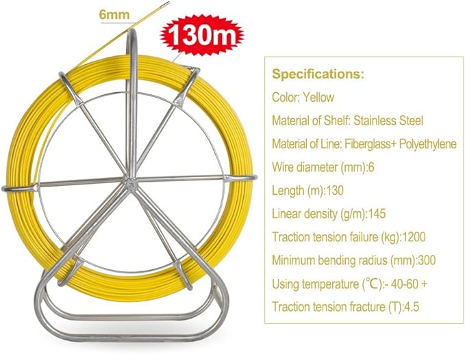 Fish Tape Fiberglass Reel Wire Cable Running Rod Duct Rodder Fishtape Puller 6mm (6mm)