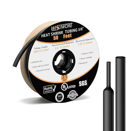 Heat Shrink Tubing, 3:1 Ratio Adhesive Lined Marine Grade Shrink Wrap Tubing,Industrial Heat Shrink Tube Electrical 3/8 inch Black,50 Feet Roll Black