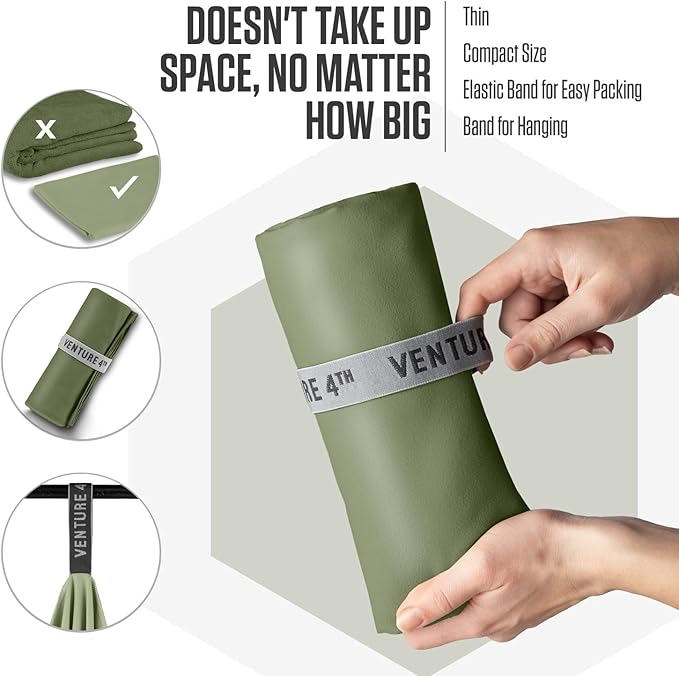 VENTURE 4TH Quick Dry Towel. Microfiber Travel Towel Ideal for Camping, Hiking, Backpacking, Gym. Lightweight & Fast Drying Travel Towels for Body. Compact & Easy to Pack - Army Green Extra Large