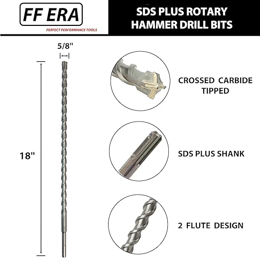 5/8 Inch x 18 Inch SDS Plus Rotary Hammer Drill Bit, Carbide Tipped for Brick, Stone, and Concrete (5/8" x 18)