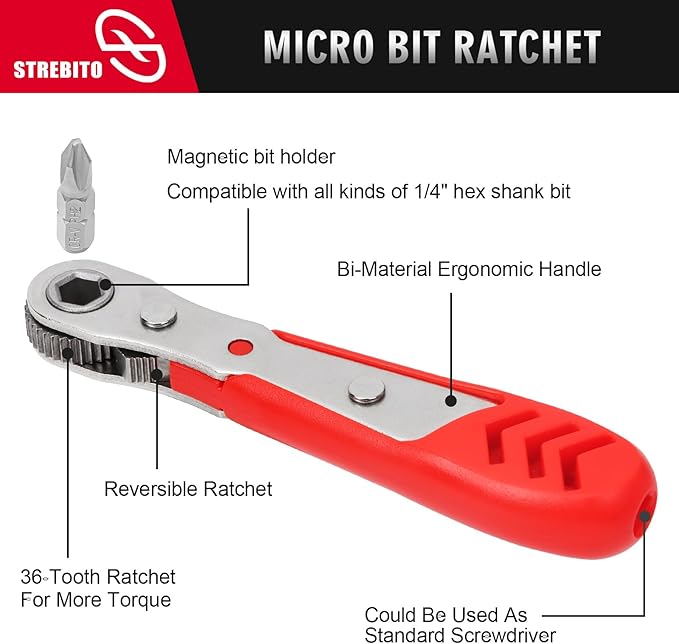 STREBITO Right Angle Screwdriver 14 Piece Mini Ratchet Set, Offset Screwdriver Low Profile Ratchet Screwdriver Set with 1/4 Ratchet, Hex, Phillips, and Torx, EDC Bit Driver for Tight Spaces, Bike