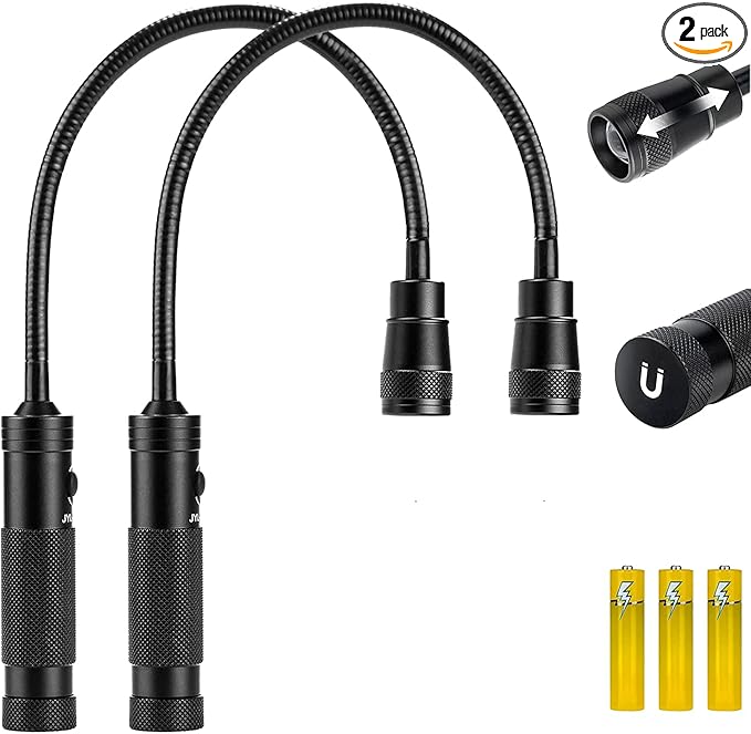 2 Pack LED Work Light, 500 Lumen Gooseneck Flashlight with Magnetic Base, Zoomable Flexible Led Flashlight, Waterproof Job Site Light for Work Bench, Auto-Repairing, Inspection, Emergency