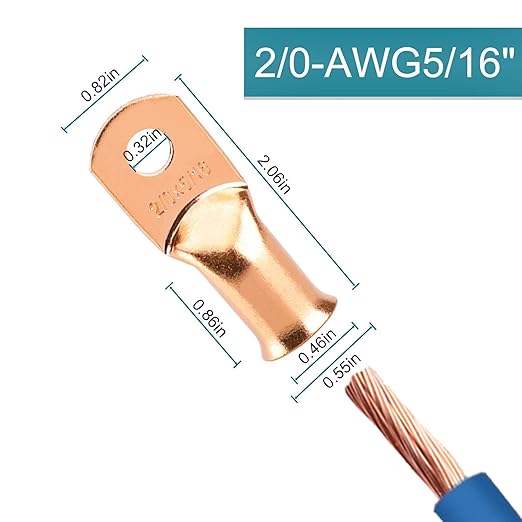 4PCS Battery Cable Ends, 2/0 Gauge Wire Connectors 5/16 Copper Wire Lugs, Bare Copper Eyelets with Heat Shrink Tubing by HOUSUN