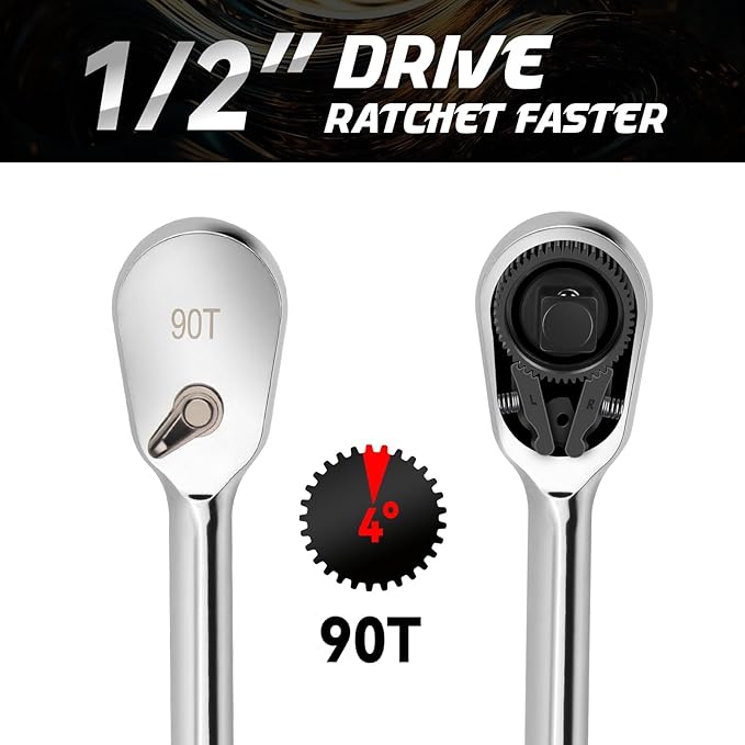 DISEN 1/2" Drive Ratchet,90-Tooth Ratchet Wrench with 14" Handle and Dust Proof Teardrop Enclosed Head, Reversible, CR-V Steel Made, CR-MO Head, Full Polished, Gifts for Men