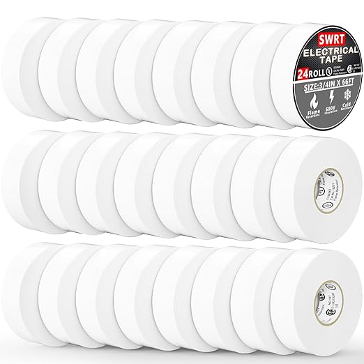 SWRT 24 Pack UL/CSA Listed White Electrical Tape 7 mils-600V, 0.75 in x 66 FT White Electric Tape Flame Retardant, Strong Adhesive, for Home DIY Electrical Repairs Professional Installations