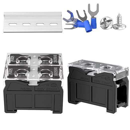 2Pcs DIN Rail Terminal Blocks with Cover, IN60BK 600V 90A 22mm² Electrical Connection Terminals, 4Pcs 14-12 AWG Insulated Fork Spade Wire Connectors & 3.15 Inch DIN Rail Included