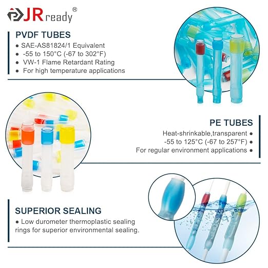JRready ST6385-20-50 MiniSeal Crimp Splices 50Set Red Butt Splice Connectors 26-20 AWG (M81824/1-1) Wire-to-Wire Butt Terminals with Alternative Temp. PVDF/PE Tubes