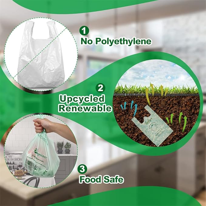 (Medium Size) OrangeBio Certified Home Compostable Shopping Bags, 500 Ct, 10" x 6" x 20", Medium, Hold 20 lbs, Thank You, Grocery, Take Out, T Shirt, To-go bags for Retail, Restaurant