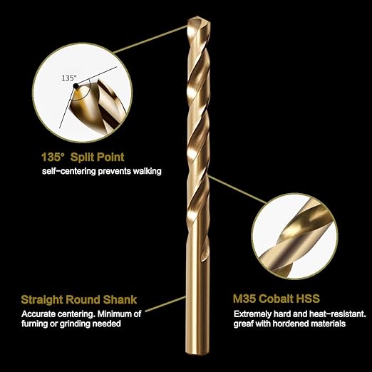 1/4" Cobalt Drill Bit Set (10Pcs), M35 HSS, 135 Degree Tip, Twist Jobber Length for Hardened Metal, Stainless Steel, Cast Iron, Wood, and Plastics, with Index Storage Case