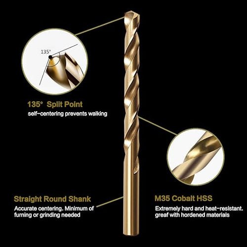 1/8" Cobalt Drill Bit Set (10Pcs), M35 HSS, 135 Degree Tip, Twist Jobber Length for Hardened Metal, Stainless Steel, Cast Iron, Wood, and Plastics, with Index Storage Case