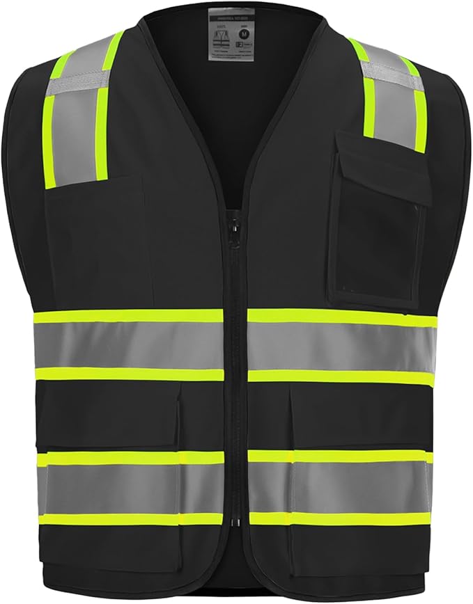 9 Pocket Hi Vis Safety Vest with Reflective Strips & Zipper Closure - Black, XL