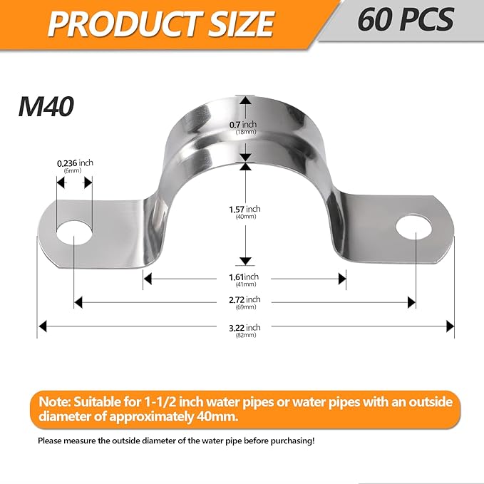 60 Pack M40 (1-1/2") Stainless Steel Pipe Straps - Heavy Duty U-Bracket Clamps with 2 Holes for Rigid Pipe, Cable, and Conduit Fastening (1.57" Width)