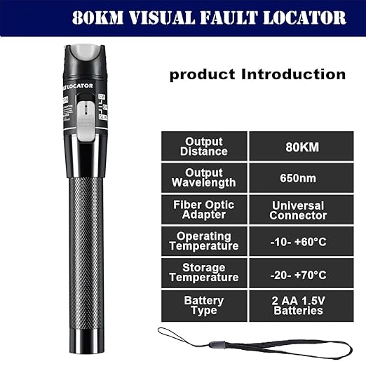 Visual Fault Locator, 80KM Fiber Optic Cable Tester Meter VFL Red Light Pen Light Source Testers (80 KM)