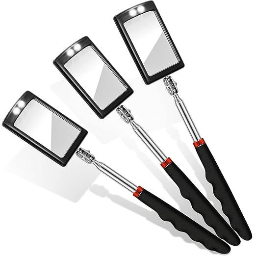 3 Pieces Telescoping Inspection Mirror Inspection Tool for Check the Condition of Vehicle, Observe the Eyelashes, Mouth and Other Small Parts(Rectangle with Light,7.9 x 2.5 x 1.2 Inch)