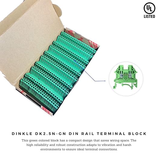 Dinkle Green DK2.5N-GN DIN Rail Terminal Block Screw Type UL 600V 20A 12-22AWG, Pack of 100