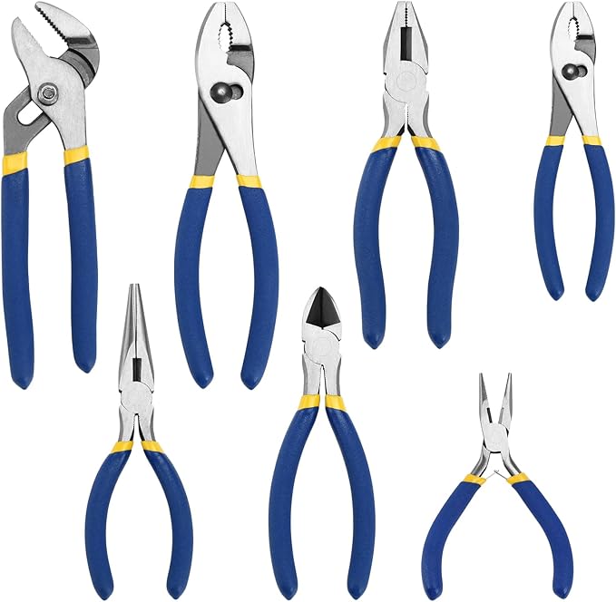 7-Piece Pliers Set - Groove Joint, Slip Joint, Diagonal, Linesman, Long Nose & Mini Long Nose Pliers for DIY & Home Use