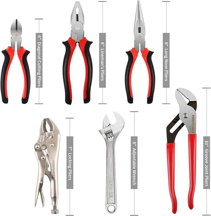 MAXPOWER 6 Pieces Wrench and Pliers Set, Come with Kitbag, Included 8" Long Nose and Lineman's Plier, 8" Adjustable Wrench, 6" Diagonal Cutter, 7" Locking Pliers, 10" Groove Joint Plier
