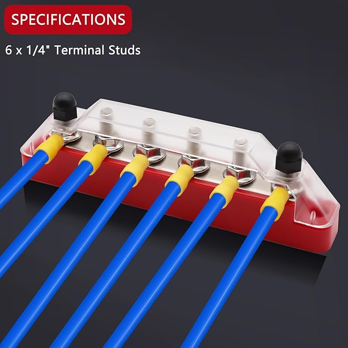 150A 12V Bus Bar Marine, 1/4" Power Distribution Block, Battery Buss Bar, Automotive Busbar Terminal Block for Car and Boat, 6 x 1/4"(M6) Studs (Black+Red)
