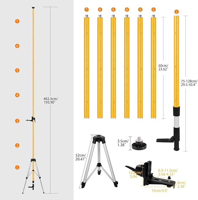 MOETER 15.7ft/4.8M Laser Pole Mount, Telescoping Laser Level Pole with Tripod, with Adjustable Bracket, 1/4"-20 & 5/8"-11 Thread Adapters for Rotary and Line Lasers