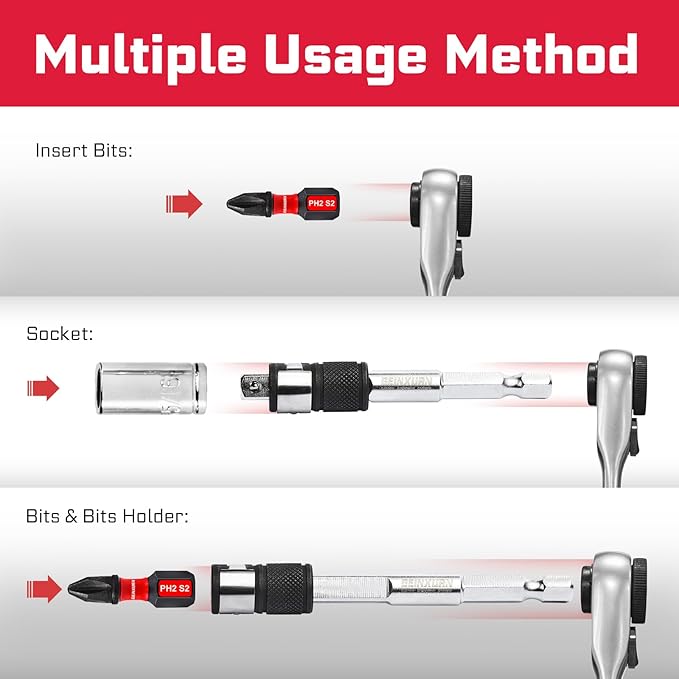 37Pieces Impact Screwdriver Bit & Socket Set with Mini Ratcheting Wrench, 30Pcs Impact S2 Screwdriver Bits, 5Pcs Sockets and 2-In-1 Bit Extension Holder Repair Tools