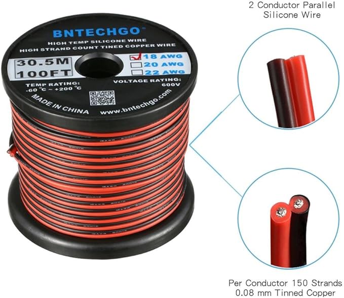 BNTECHGO 18 Gauge Flexible 2 Conductor Parallel Silicone Wire Spool Red Black High Resistant 200 deg C 600V for Single Color LED Strip Extension Cable Cord,Model,100ft Stranded Tinned Copper Wire