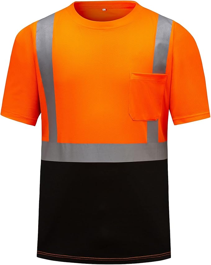 High Visibility Shirts Quick Dry Safety T Shirts with Reflective Strips and Pocket Short Sleeve Mesh Hi Vis Construction Work Class 2 Shirt for Men/Women Black Bottom Orange,2XL
