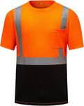 High Visibility Shirts Quick Dry Safety T Shirts with Reflective Strips and Pocket Short Sleeve Mesh Hi Vis Construction Work Class 2 Shirt for Men/Women Black Bottom Orange,5XL