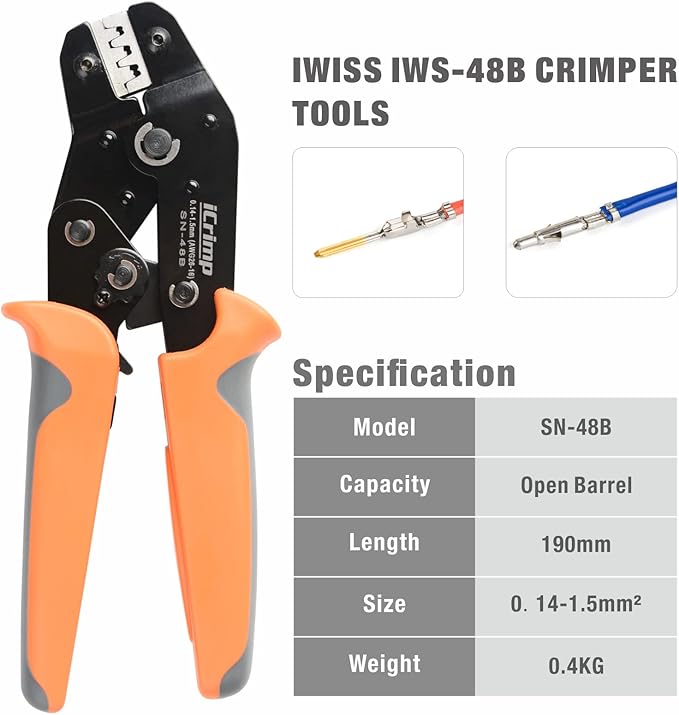 iCrimp SN-48B Pin Crimping Tools 3.96/4.8/5.08/6.3 mm 26-16AWG Crimper 0.14-1.5mm² for Dupont & JST-SM Molex Connectors and Terminals