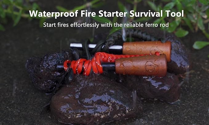Fire Starter Survival Tool, Ferro Rod Kit with Tinder Wick, Pouch, Waterproof Flint and Steel Fire Starter for Camping, Hiking and Backpacking Gear
