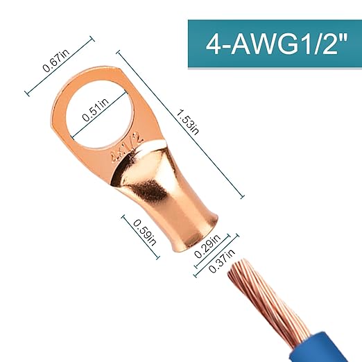 Battery Cable Ends, 8PCS 4 Gauge Wire Connectors 1/2 Copper Wire Lugs, Bare Copper Eyelets with Heat Shrink Tubing