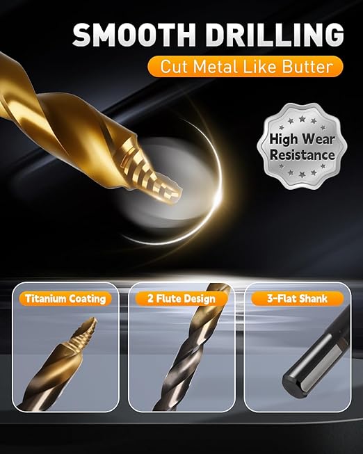 COMOWARE 15Pcs Stepped Point Drill Bit Set, 1/16" – 3/8" Drill Bit Index,HSS M2 Jobber Drills Bits, No Pre-Drilling, Titanium-Coated, 3-Flat Shank, Drills Bits Set for Metal/Plastic/Acrylic/Wood