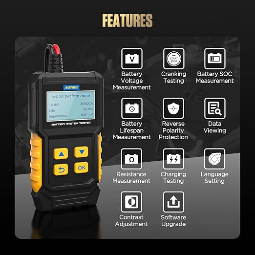 Car Battery Tester 12V Battery Load Tester AUTOOL BT360 6V-30V DC Charging Cranking Test 100-2000 CCA Automotive Alternator Tester Digital Auto Battery Analyzer for Vehicle Truck Motorcycle SUV Boat