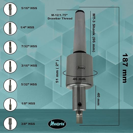 ASSORTS Precision Rotary Broach Holder with MT3 Shank (M12 x 1.75 Drawbar) – Includes 7-Piece HSS Hex Punch Set for CNC, Lathe, Milling & Drilling Machines